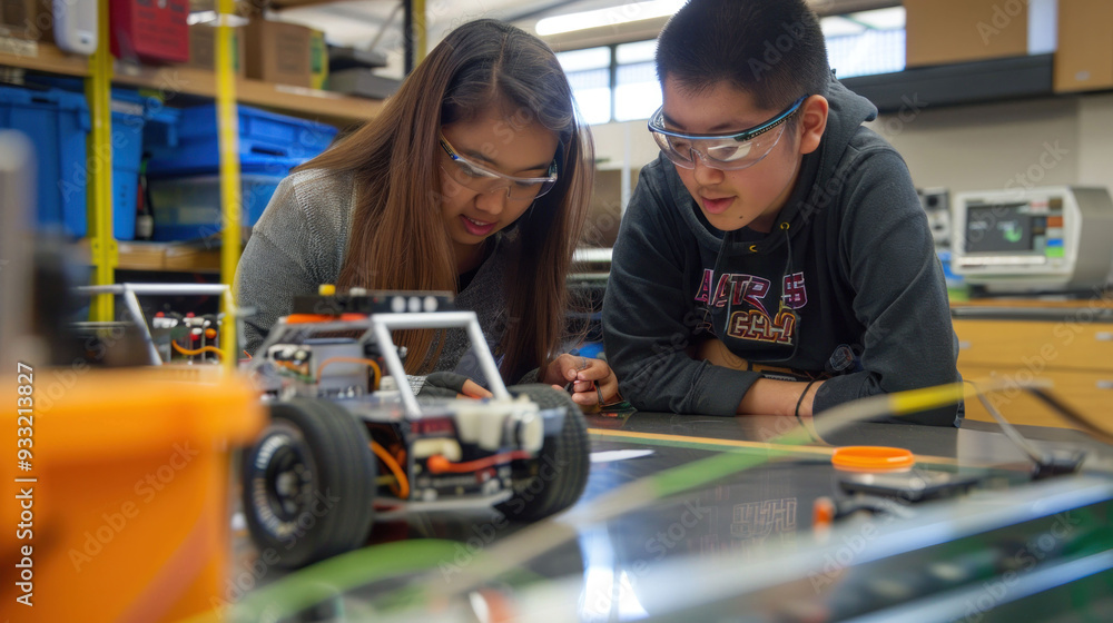 Poster students engaged in robotics project, wearing safety goggles, focused on model car. their expression