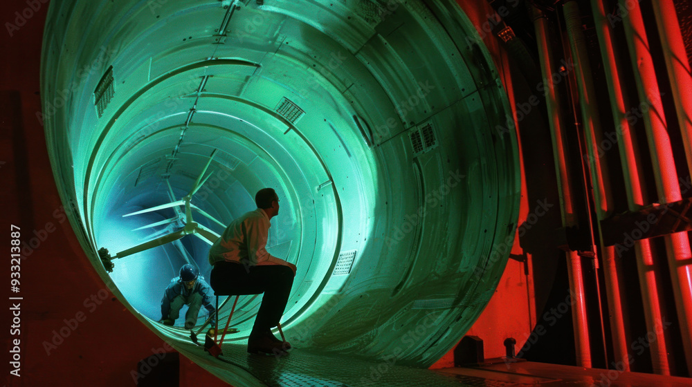 Poster a technician works inside large wind tunnel, illuminated by green and red lights, while another pers