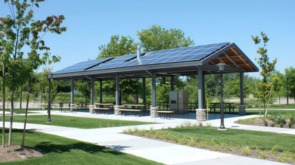Naklejka premium A modern solar pavilion surrounded by greenery, providing sustainable space for gatherings. structure features solar panels and picnic tables, promoting eco friendly outdoor activities. 