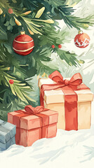 Wrapped gifts, colorful bows and ribbons, under the Christmas tree, festive setting, Watercolor style