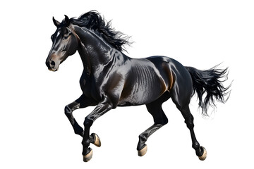 Beautiful black horse galloping isolated on white background