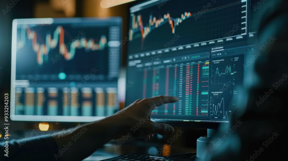 Aufkleber A person is analyzing financial data on multiple computer screens, showing graphs and charts. focused expression indicates concentration and engagement in trading activities. 