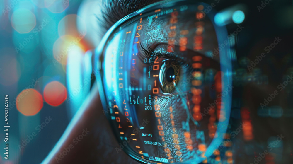 Poster A close up of persons eye wearing glasses, reflecting digital data and binary code, conveying sense of focus and curiosity. 