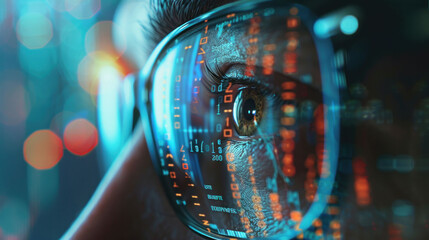 A close up of persons eye wearing glasses, reflecting digital data and binary code, conveying sense of focus and curiosity.  - Powered by Adobe