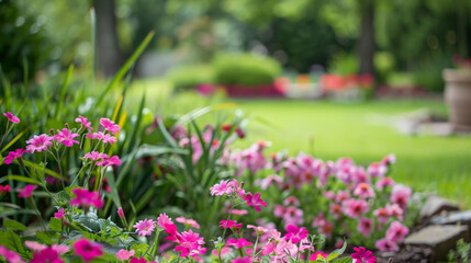 Obraz premium Blooming pink flowers in serene garden for breast cancer awareness 