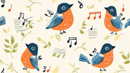 Fototapeta premium A charming illustration of singing birds surrounded by musical notes and leaves, perfect for nature-themed designs.