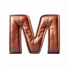 Brown leather letter M on a white background. Generative AI