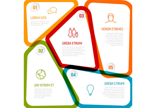 Multipurpose infographic template with five color border content space areas icons and numbers