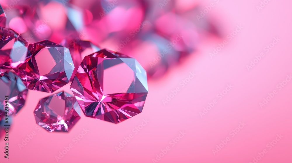 Poster shimmering hologram of rotating gemstones with copy space for text, high detail visualization in qua
