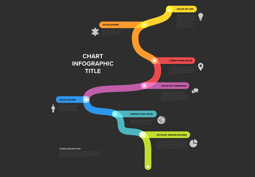 Infographic vertical black timeline template with thick color line