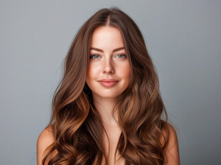 Naklejka premium Smiling young adult woman with beautiful natural long wavy brown hair. Make-up, clear fresh skin and curly hairstyle. Cosmetic, styling, shampoo, glance and hairdresser concept