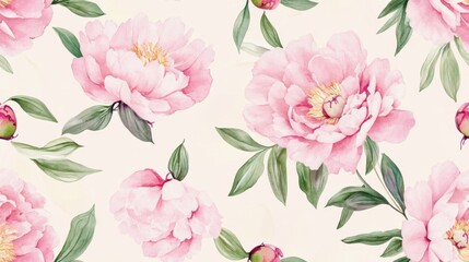Obraz premium Beautiful watercolor peony floral pattern on a soft cream background, perfect for textiles, wallpapers, and elegant designs.