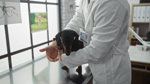 A male veterinarian in a white coat examines a dachshund puppy in a bright veterinary clinic using gentle hands on a stainless steel table.