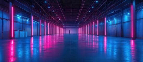 Fototapeta premium Futuristic Warehouse Interior with Neon Pink and Blue Lighting Creating a Modern and High-Tech Atmosphere