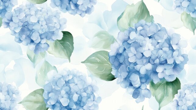 Beautiful watercolor pattern featuring delicate blue hydrangeas and soft green leaves, perfect for floral designs and backgrounds.