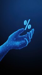 Digital futuristic hand holding percent icon on blue background representing sales and discounts, technology concept, business finance