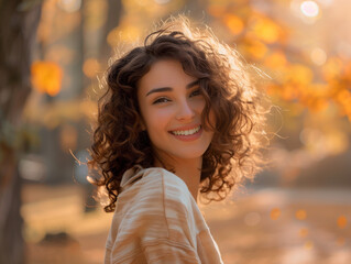 Naklejka premium Laughing young autumn model woman with long curly hair in fall yellow park. Outdoor lifestyle portrait of autumn person on nature leaf background