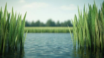 Obraz premium Serene Wetland Oasis with Stunning Gemstone Reeds by the Water's Edge, Ideal for Copy Space, 8K Resolution High Detail