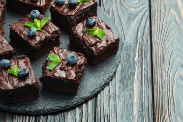 Homemade chocolate brownie photography . Top view