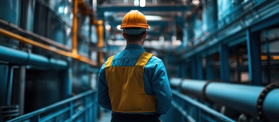 Industrial Worker in Safety Gear Inspecting Modern Factory Machinery in High-Tech Manufacturing Facility