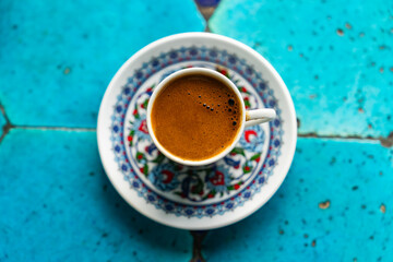 Turkish Coffee Cup and Turkish Delight on the Background of Ottoman Tile Motifs, Eminonu Fatih, Istanbul Turkiye (Turkey)
