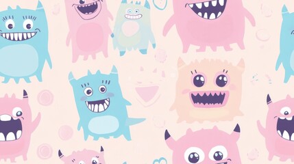 Colorful cartoon monsters pattern with playful expressions, perfect for children's designs and fun projects.