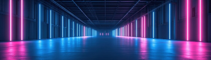 Futuristic Empty Warehouse with Neon Blue and Pink Lights Creating a Modern and Sleek Industrial Atmosphere