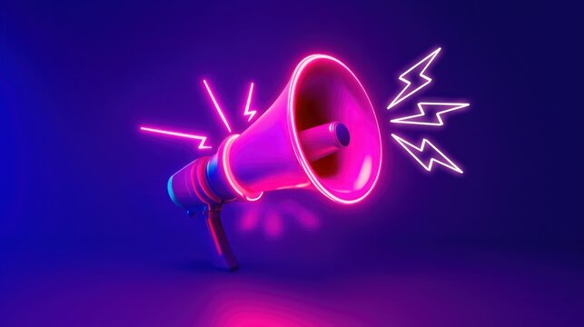 Neon pink and purple megaphone with lightning bolts symbolizing sales promotion and excitement, vibrant marketing, advertising concept