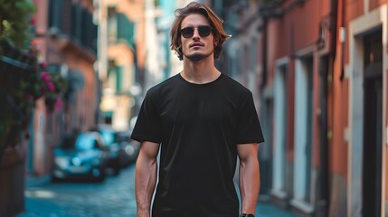 Fototapeta premium Young Model Shirt Mockup, Boy wearing black t-shirt on street in daylight, Shirt Mockup Template on hipster adult for design print, Male guy wearing casual t-shirt mockup placement.