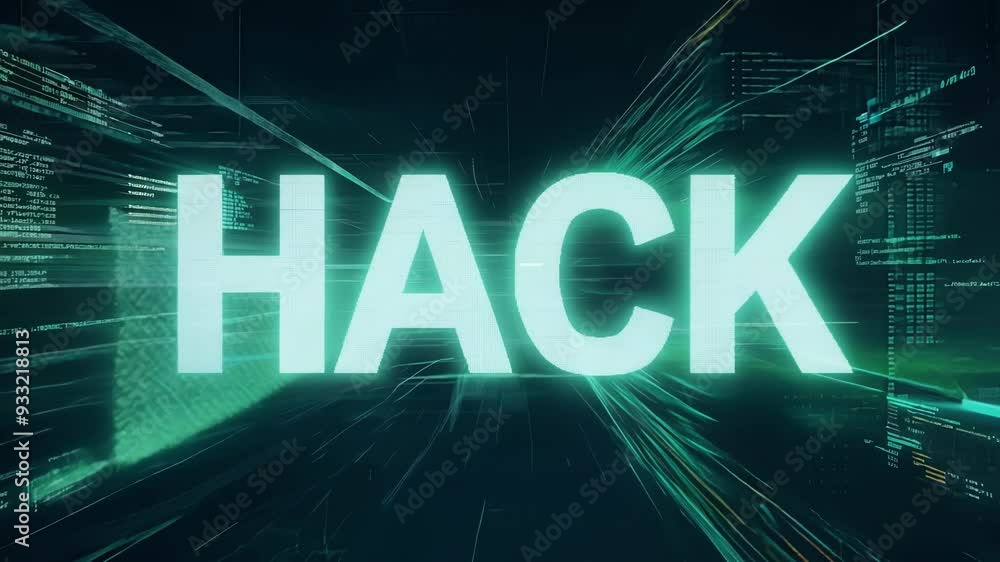 Aufkleber the word hack appears within a digital data stream, accompanied by scrolling code, highlighting secu