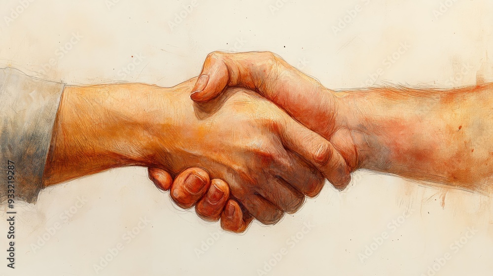 Poster hands join in a firm handshake, representing unity and mutual understanding between individuals.
