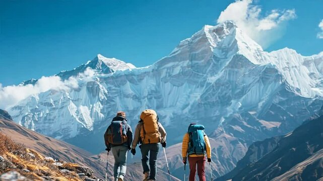 Three people are hiking up a mountain with backpacks. The mountain is covered in snow and the sky is clear