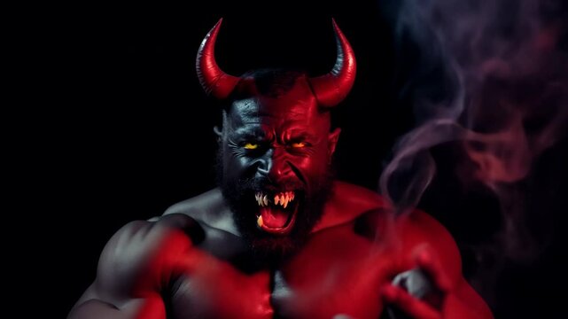 Evil muscular demon with horns and sharp teeth looks at camera scream. Portrait of devil in flesh. Black isolated background of hell. Scary dangerous monster satan. Man in Halloween costume cosplay.