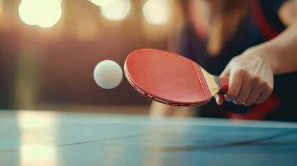 Close-up of table tennis player doing a serve, focus on the red racket and ball, with a blurred background.