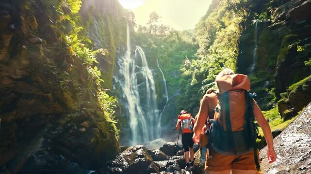 Three women are hiking through a forest and one of them is carrying a backpack. The scene is peaceful and serene, with the sound of water flowing in the background