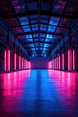 Fototapeta premium Futuristic Industrial Warehouse with Neon Pink and Blue Lighting, Empty Interior Space