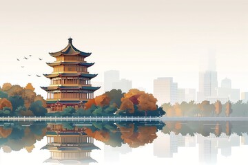 Obraz premium Landscape illustration of Chinese traditional pavilion in autumn foliage season