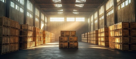 Sunlit Industrial Warehouse Interior with Stacked Wooden Crates and Beams of Light