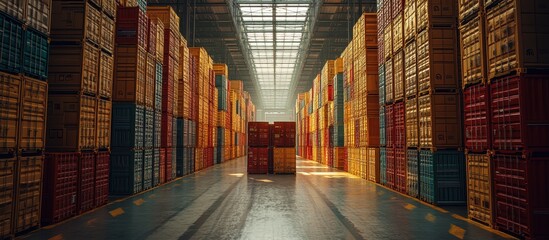 Fototapeta premium Vast Industrial Warehouse with Stacked Shipping Containers in Vibrant Colors Under Sunlit Roof