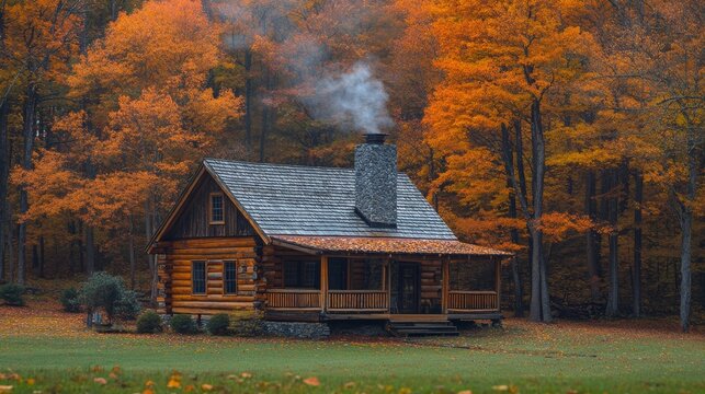 Rustic wooden cabin nestled in vibrant autumn foliage with smoke rising gently from the chimney