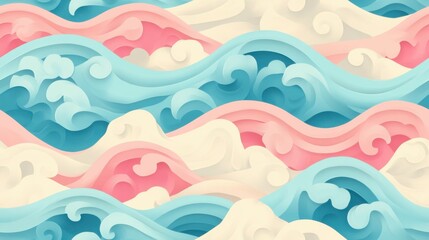 Colorful waves create a mesmerizing pattern, blending shades of blue, pink, and cream for a vibrant ocean feel.