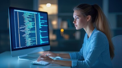 Focused woman coding at a computer in a dimly lit room, showcasing technology and programming skills in a modern workspace.
