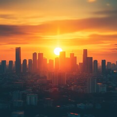 Fototapeta premium Blurred Golden Hour Cityscape: Abstract Summer Sunset Over Urban Rooftops. Warm Hazy Skyline with Heat Wave Bokeh Effect. Creative Marketing Background for Evening Events. AI-Generated 4K Design with 