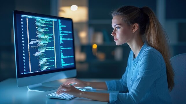 Focused woman coding at a computer in a dimly lit room, showcasing technology and programming skills in a modern workspace.