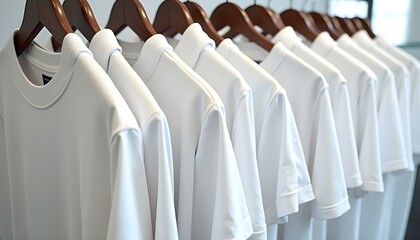 Obraz premium Lain white t-shirts displayed in a row on a hanger, white t-shirts mockup, white t-shirts background, white t-shirts, t-shirts designs 