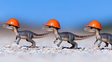 Miniature dinosaurs don construction hats as they embark on a playful adventure under natural light