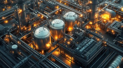 Fototapeta premium Aerial View of Modern Industrial Plant with Illuminated Machinery and Complex Piping System at Night