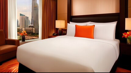 Modern hotel room with a comfortable bed, elegant decor, and a stunning city view from the window, perfect for relaxation.