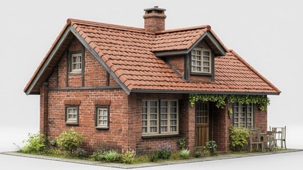 A charming red brick cottage with a brown door, two windows, and a tiled roof, surrounded by greenery and a patio set.