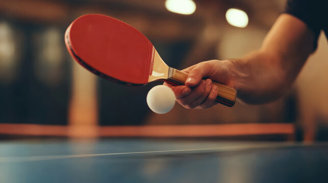 Close-up of table tennis player doing a serve, focus on the red racket and ball, with a blurred background.